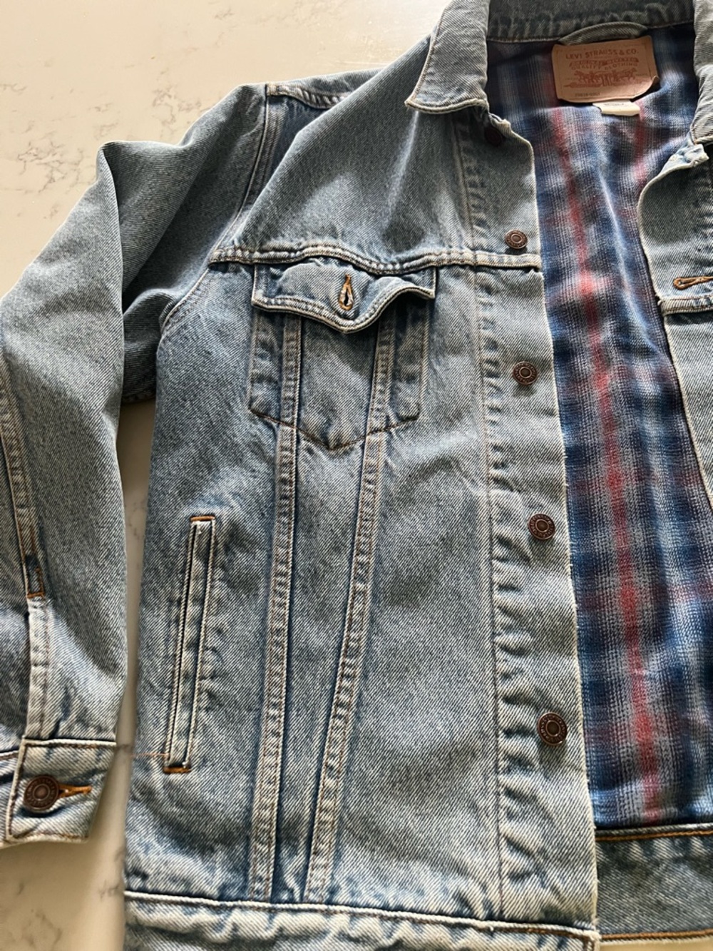 Levi's Light Wash Denim Jacket with Blue & Red Plaid Lining